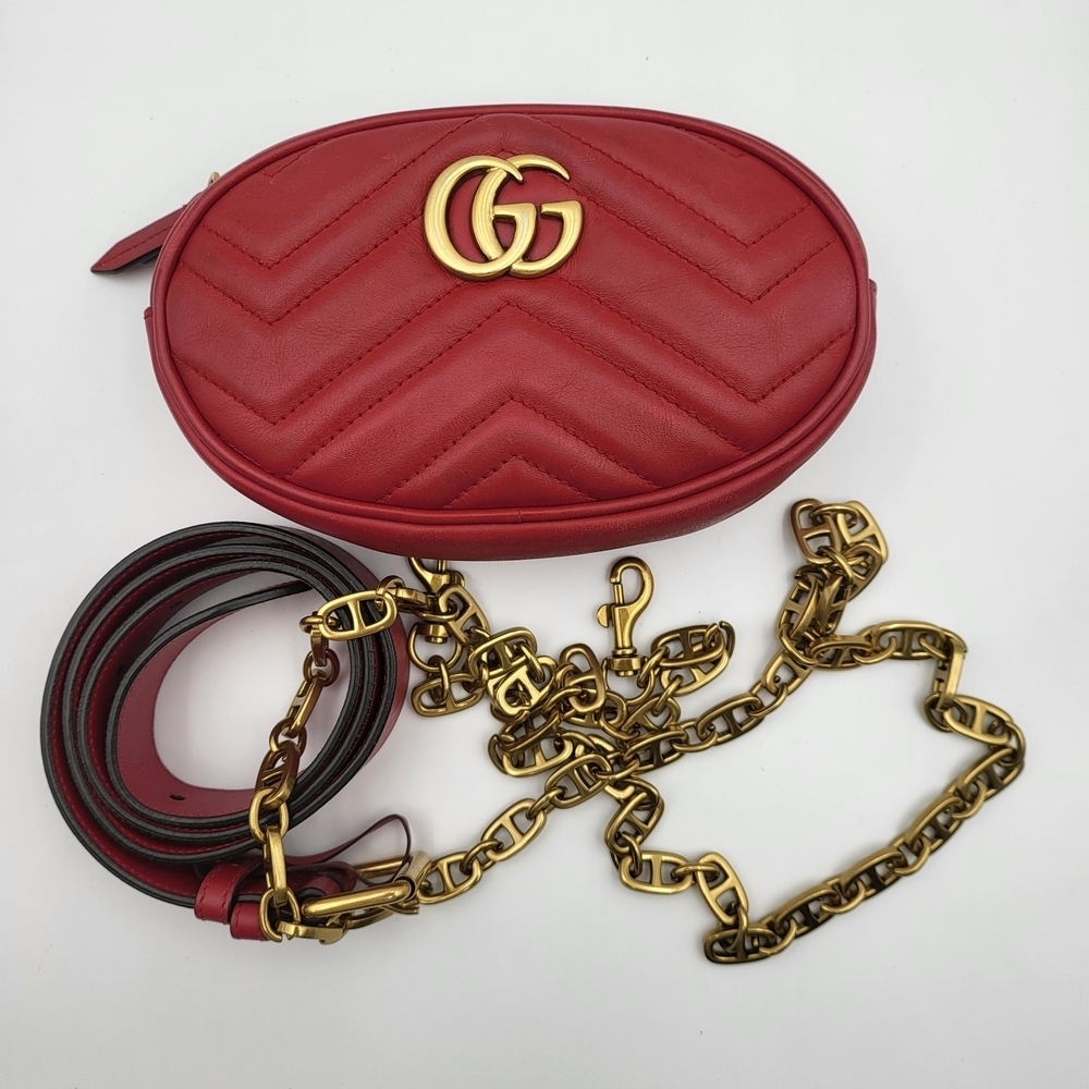 GUCCI Calfskin Matelasse GG Marmont Belt Bag Crossbody Hibiscus Red, Authentic.!